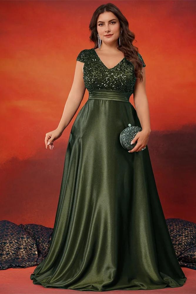New York's Fashion Plus Size Elegant V-Neck Green Sequin Evening Dress Long Luxury Women Satin Short Sleeves Party Prom Cocktail  Dress
