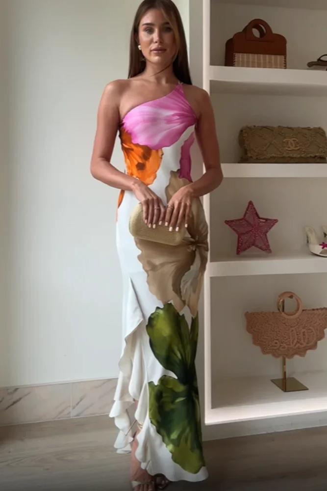  Fashion Printed Curling Edge Dresses Chic Irregular Neck Off Shoulder Open Fork Gown New Women Summer Cocktail Party Vestido