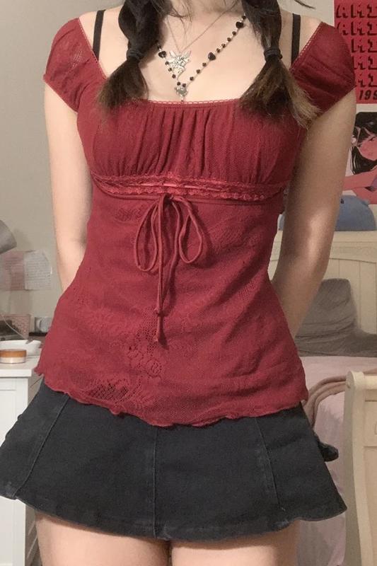 Elegant Lady Square Collar T-shirt Kawaii Bow Short Sleeve Pullovers Tees Y2K Vintage Fairy Grunge Women Crop Top Retro Clothes